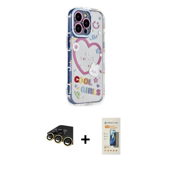 MARSİLYAN™- iPhone 14 Pro Kılıf Ahenk Modern Serisi - Siyah 6D Mat Seramik Hayalet Nano Ekran Koruyucu + Raze Metal Kamera Lens - GD