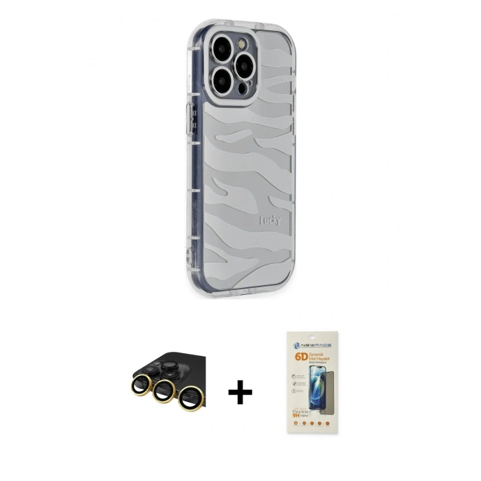 MARSİLYAN™- iPhone 14 Pro Kılıf Ahenk Modern Serisi - Siyah 6D Mat Seramik Hayalet Nano Ekran Koruyucu + Raze Metal Kamera Lens - GD