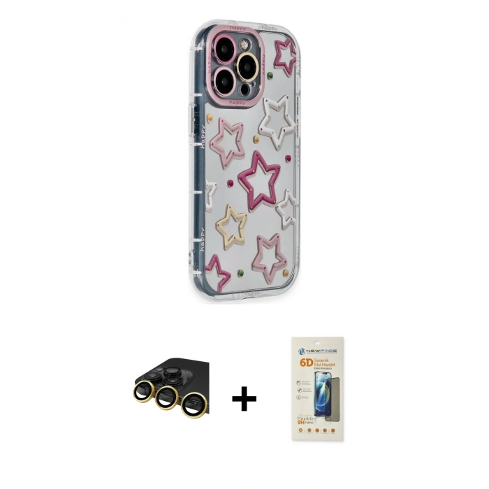 MARSİLYAN™- iPhone 14 Pro Kılıf Ahenk Modern Serisi - Siyah 6D Mat Seramik Hayalet Nano Ekran Koruyucu + Raze Metal Kamera Lens - GD