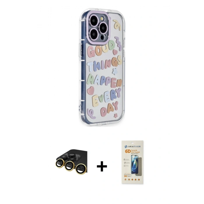 MARSİLYAN™- iPhone 14 Pro Kılıf Ahenk Modern Serisi - Siyah 6D Mat Seramik Hayalet Nano Ekran Koruyucu + Raze Metal Kamera Lens - GD