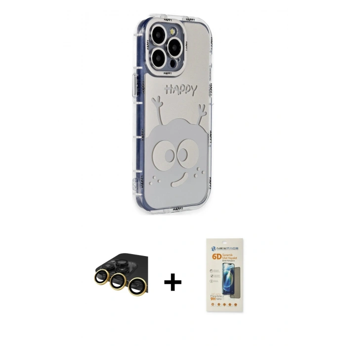 MARSİLYAN™- iPhone 14 Pro Kılıf Ahenk Modern Serisi - Siyah 6D Mat Seramik Hayalet Nano Ekran Koruyucu + Raze Metal Kamera Lens - GD