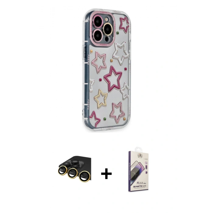 MARSİLYAN™- iPhone 14 Pro Kılıf Ahenk Modern Serisi - Siyah Bilvis 3D Mat Cam Ekran Koruyucu + Raze Metal Kamera Lens - GD
