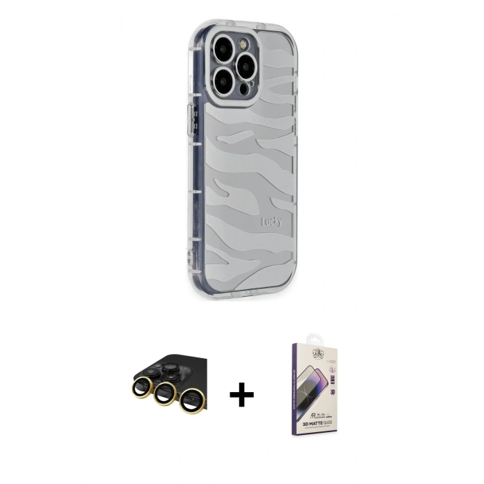 MARSİLYAN™- iPhone 14 Pro Kılıf Ahenk Modern Serisi - Siyah Bilvis 3D Mat Cam Ekran Koruyucu + Raze Metal Kamera Lens - GD