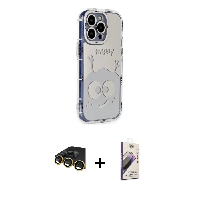MARSİLYAN™- iPhone 14 Pro Kılıf Ahenk Modern Serisi - Siyah Bilvis 3D Mat Cam Ekran Koruyucu + Raze Metal Kamera Lens - GD