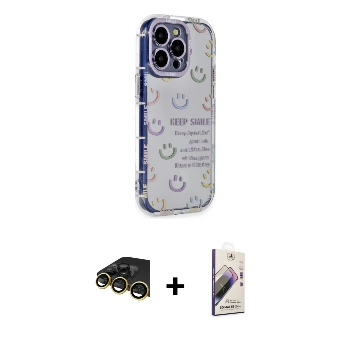 MARSİLYAN™- iPhone 14 Pro Kılıf Ahenk Modern Serisi - Siyah Bilvis 3D Mat Cam Ekran Koruyucu + Raze Metal Kamera Lens - GD