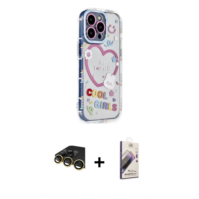 MARSİLYAN™- iPhone 14 Pro Kılıf Ahenk Modern Serisi - Siyah Bilvis 3D Mat Cam Ekran Koruyucu + Raze Metal Kamera Lens - GD