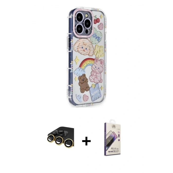 MARSİLYAN™- iPhone 14 Pro Kılıf Ahenk Modern Serisi - Siyah Bilvis 3D Mat Cam Ekran Koruyucu + Raze Metal Kamera Lens - GD