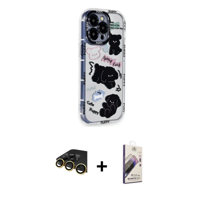 MARSİLYAN™- iPhone 14 Pro Kılıf Ahenk Modern Serisi - Siyah Bilvis 3D Mat Cam Ekran Koruyucu + Raze Metal Kamera Lens - GD
