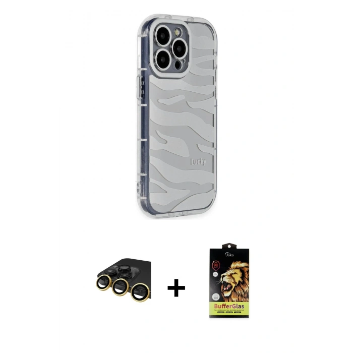 MARSİLYAN™- iPhone 14 Pro Kılıf Ahenk Modern Serisi - Siyah Buffer Cam Ekran Koruyucu + Raze Metal Kamera Lens - GD