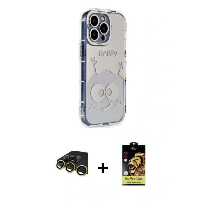 MARSİLYAN™- iPhone 14 Pro Kılıf Ahenk Modern Serisi - Siyah Buffer Cam Ekran Koruyucu + Raze Metal Kamera Lens - GD
