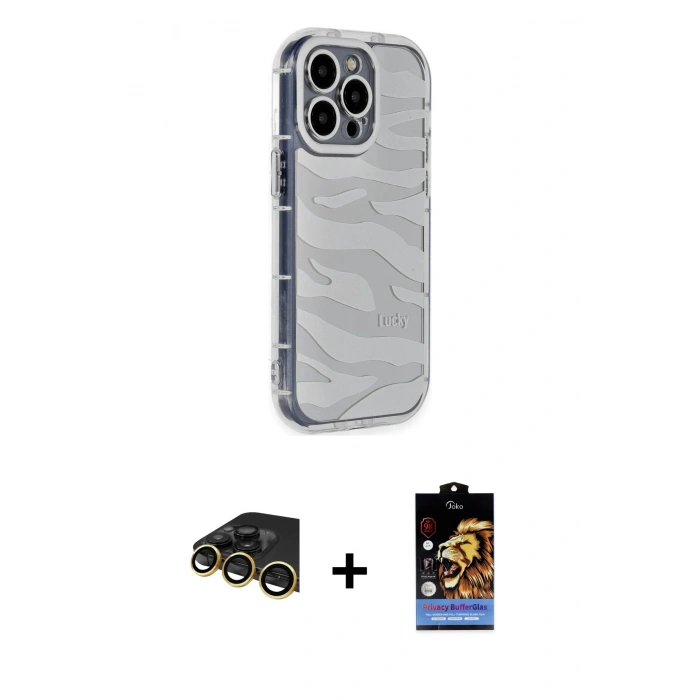 MARSİLYAN™- iPhone 14 Pro Kılıf Ahenk Modern Serisi - Siyah Buffer Hayalet Cam Ekran Koruyucu + Raze Metal Kamera Lens - GD