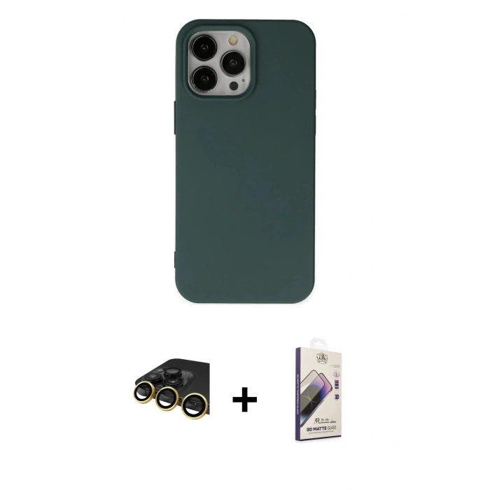 MARSİLYAN™- iPhone 14 Pro Kılıf Ahenk Serisi - Siyah Bilvis 3D Mat Cam Ekran Koruyucu + Raze Metal Kamera Lens - GD