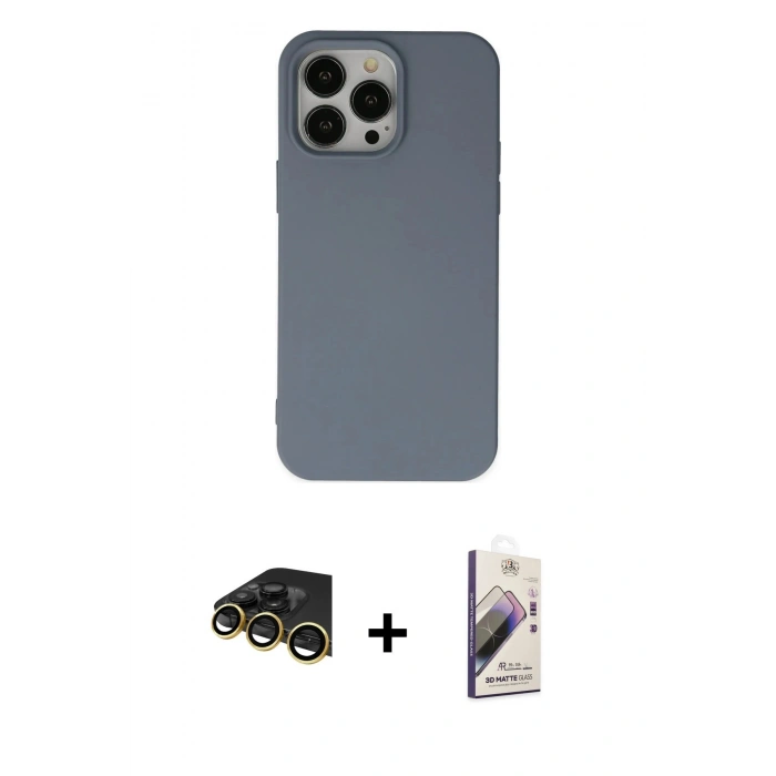 MARSİLYAN™- iPhone 14 Pro Kılıf Ahenk Serisi - Siyah Bilvis 3D Mat Cam Ekran Koruyucu + Raze Metal Kamera Lens - GD