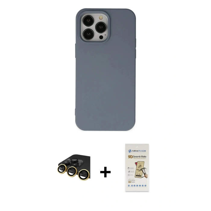 MARSİLYAN™- iPhone 14 Pro Kılıf Ahenk Serisi - Siyah Mat Seramik Nano Ekran Koruyucu + Raze Metal Kamera Lens - GD