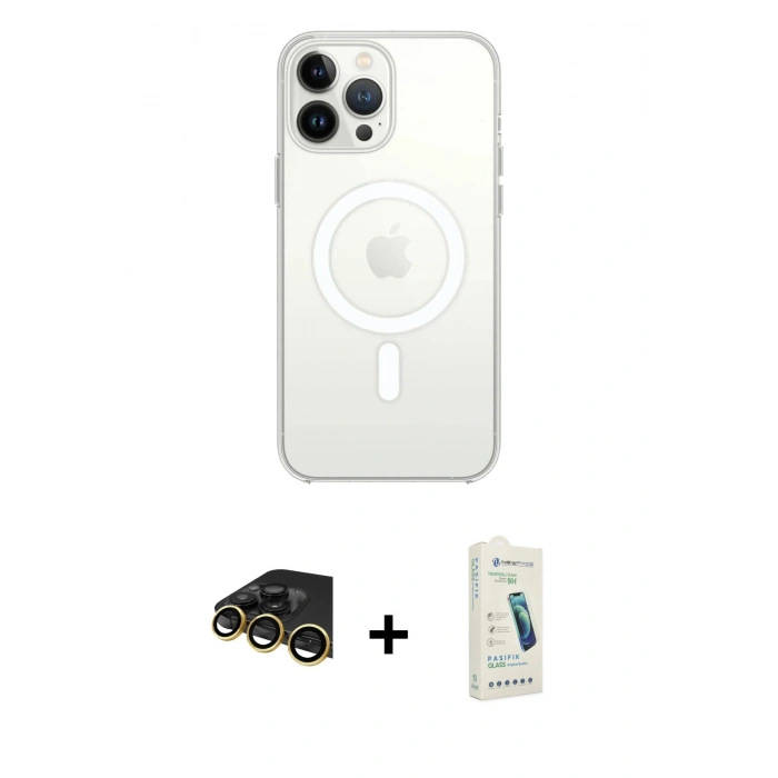 MARSİLYAN™- iPhone 14 Pro Kılıf Ahenk Yansıma Prime - Şeffaf Pasifik Cam Ekran Koruyucu + Raze Metal Kamera Lens - GD