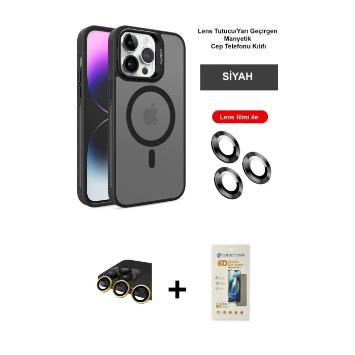 MARSİLYAN™- iPhone 14 Pro Kılıf Akış Form - Siyah 6D Mat Seramik Hayalet Nano Ekran Koruyucu + Gold Raze Metal Kamera Lens