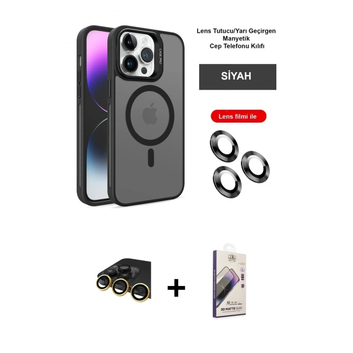 MARSİLYAN™- iPhone 14 Pro Kılıf Akış Form - Siyah Bilvis 3D Mat Cam Ekran Koruyucu + Raze Metal Kamera Lens - GD