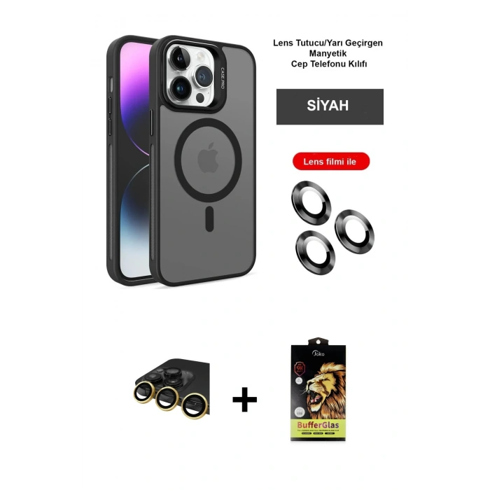 MARSİLYAN™- iPhone 14 Pro Kılıf Akış Form - Siyah Buffer Cam Ekran Koruyucu + Raze Metal Kamera Lens - GD