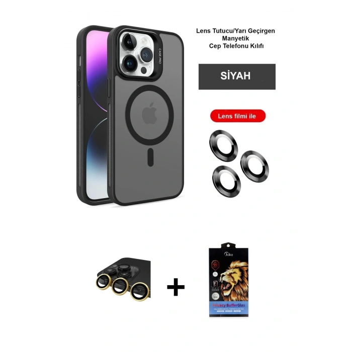 MARSİLYAN™- iPhone 14 Pro Kılıf Akış Form - Siyah Buffer Hayalet Cam Ekran Koruyucu + Raze Metal Kamera Lens - GD