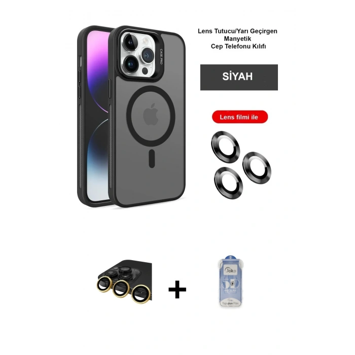 MARSİLYAN™- iPhone 14 Pro Kılıf Akış Form - Siyah Joko Magic 5D Cam + Raze Metal Kamera Lens - GD