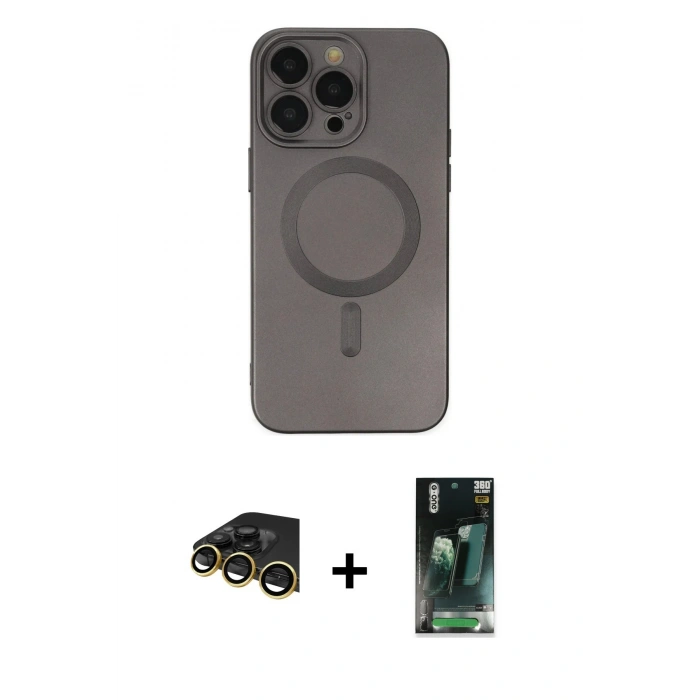 MARSİLYAN™- iPhone 14 Pro Kılıf Akış Minimal Özel Seri - Siyah 360 Mat Full Body Arka Koruyucu + Raze Metal Kamera Lens - GD