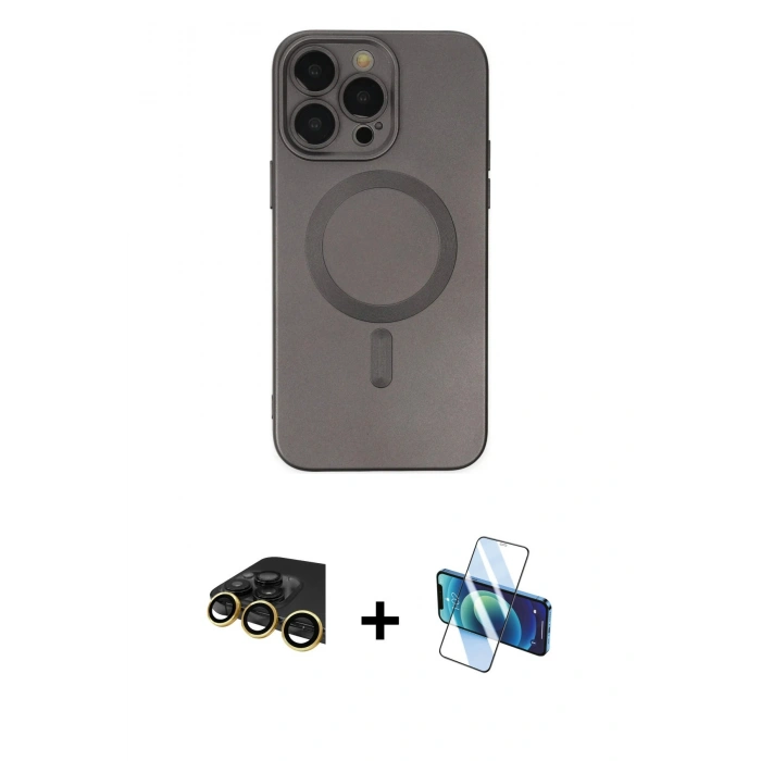 MARSİLYAN™- iPhone 14 Pro Kılıf Akış Minimal Özel Seri - Siyah 3D Antistatik Cam Ekran Koruyucu + Raze Metal Kamera Lens - GD