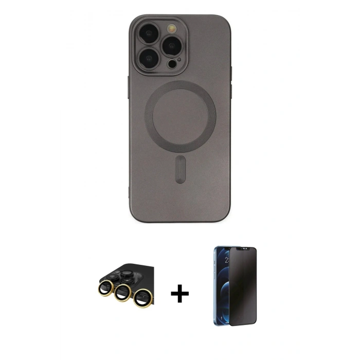 MARSİLYAN™- iPhone 14 Pro Kılıf Akış Minimal Özel Seri - Siyah 3D Antistatik Hayalet Cam Ekran Koruyucu + Raze Metal Kamera Lens - GD