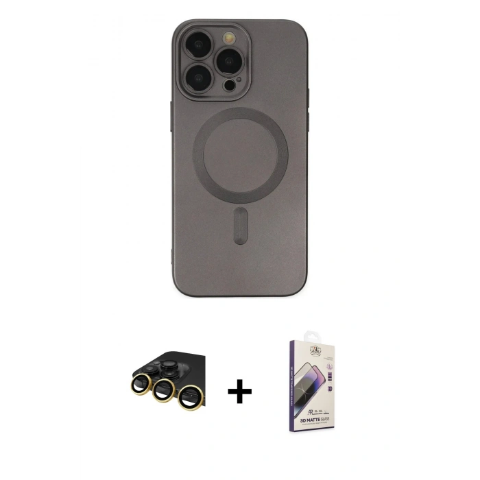 MARSİLYAN™- iPhone 14 Pro Kılıf Akış Minimal Özel Seri - Siyah Bilvis 3D Mat Cam Ekran Koruyucu + Raze Metal Kamera Lens - GD