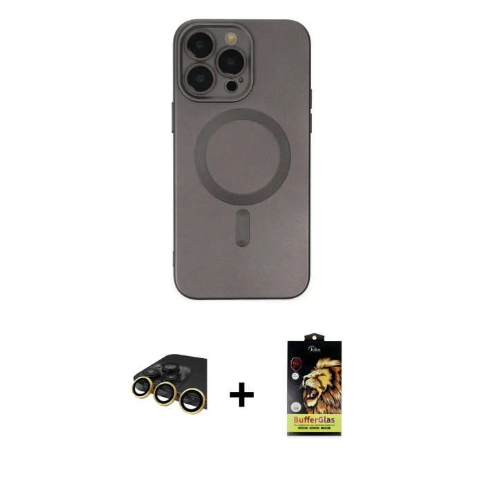 MARSİLYAN™- iPhone 14 Pro Kılıf Akış Minimal Özel Seri - Siyah Buffer Cam Ekran Koruyucu + Raze Metal Kamera Lens - GD