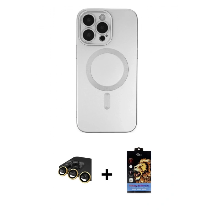 MARSİLYAN™- iPhone 14 Pro Kılıf Akış Minimal Özel Seri - Siyah Buffer Hayalet Cam Ekran Koruyucu + Gold Raze Metal Kamera Lens