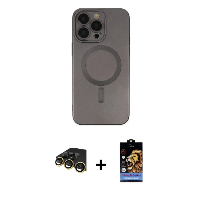 MARSİLYAN™- iPhone 14 Pro Kılıf Akış Minimal Özel Seri - Siyah Buffer Hayalet Cam Ekran Koruyucu + Gold Raze Metal Kamera Lens