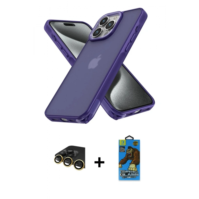 MARSİLYAN™- iPhone 14 Pro Kılıf Atlas Form - Siyah 18D Cam Ekran Koruyucu + Raze Metal Kamera Lens - GD
