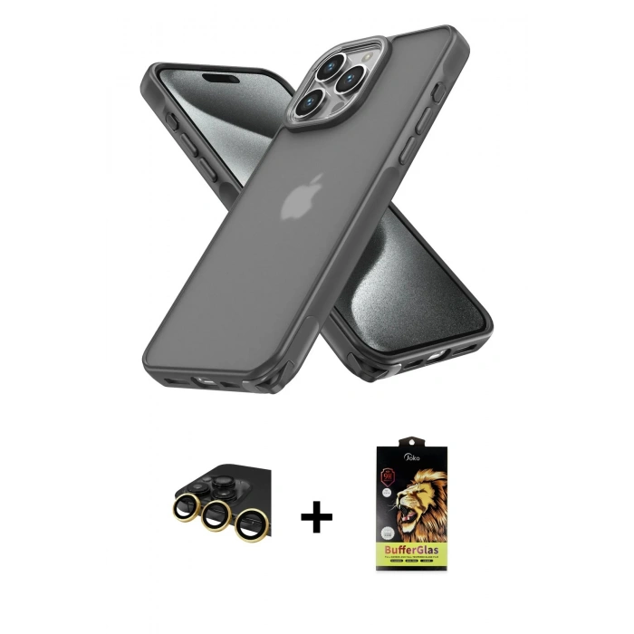 MARSİLYAN™- iPhone 14 Pro Kılıf Atlas Form - Siyah Buffer Cam Ekran Koruyucu + Raze Metal Kamera Lens - GD