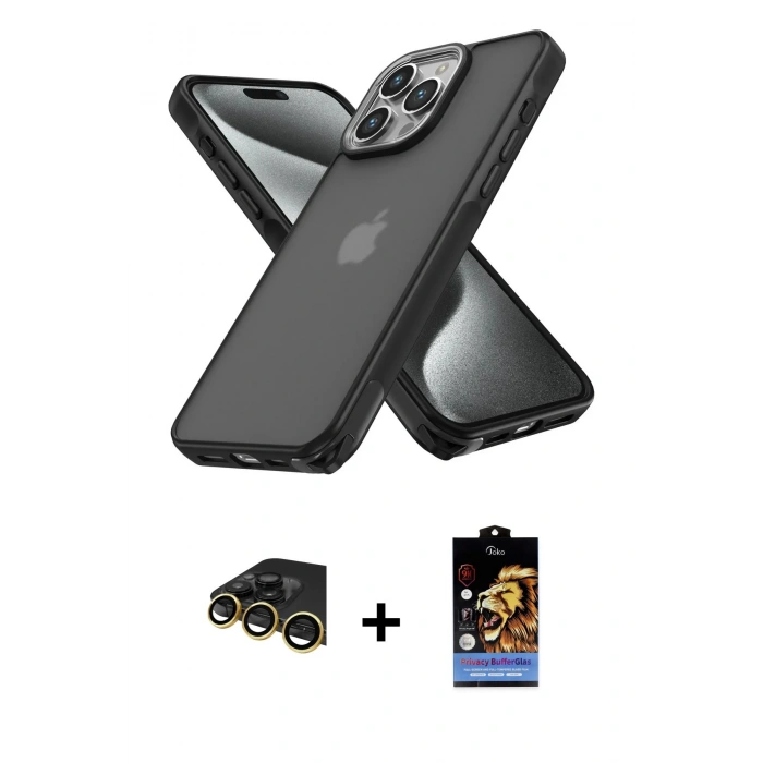 MARSİLYAN™- iPhone 14 Pro Kılıf Atlas Form - Siyah Buffer Hayalet Cam Ekran Koruyucu + Raze Metal Kamera Lens - GD