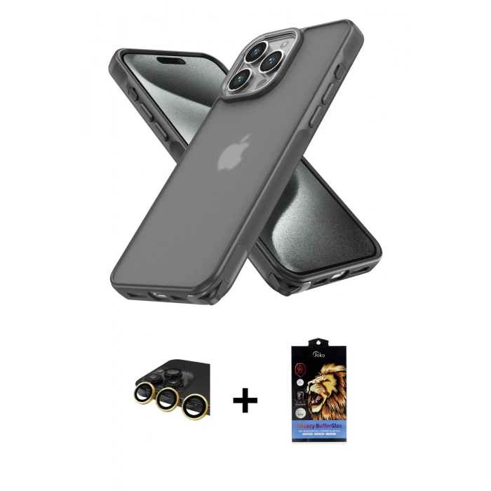 MARSİLYAN™- iPhone 14 Pro Kılıf Atlas Form - Siyah Buffer Hayalet Cam Ekran Koruyucu + Raze Metal Kamera Lens - GD