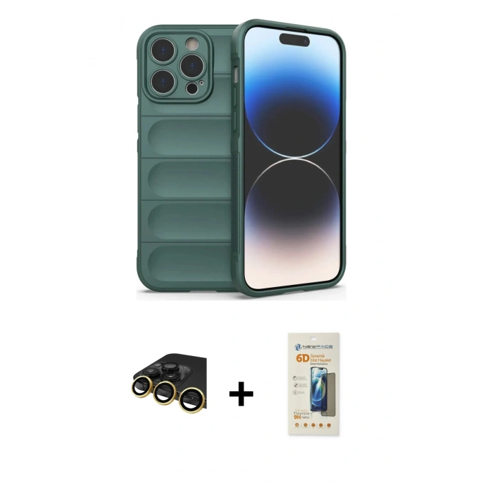 MARSİLYAN™- iPhone 14 Pro Kılıf Atlas Koleksiyonu - Siyah 6D Mat Seramik Hayalet Nano Ekran Koruyucu + Raze Metal Kamera Lens - GD