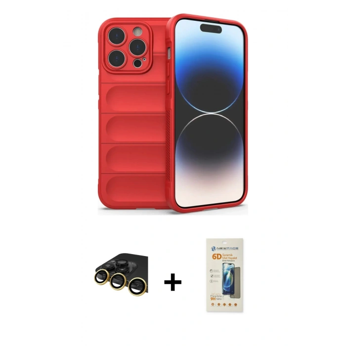 MARSİLYAN™- iPhone 14 Pro Kılıf Atlas Koleksiyonu - Siyah 6D Mat Seramik Hayalet Nano Ekran Koruyucu + Raze Metal Kamera Lens - GD
