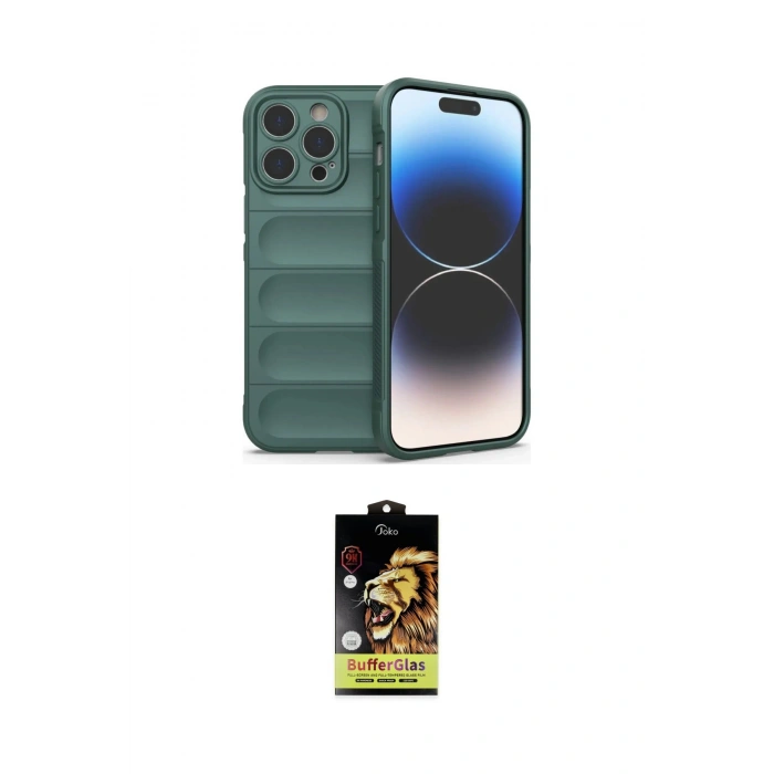 MARSİLYAN™- iPhone 14 Pro Kılıf Atlas Koleksiyonu - Siyah Buffer Cam Ekran Koruyucu
