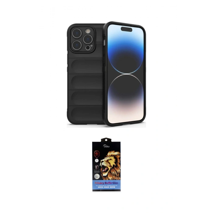 MARSİLYAN™- iPhone 14 Pro Kılıf Atlas Koleksiyonu - Siyah Buffer Hayalet Cam Ekran Koruyucu
