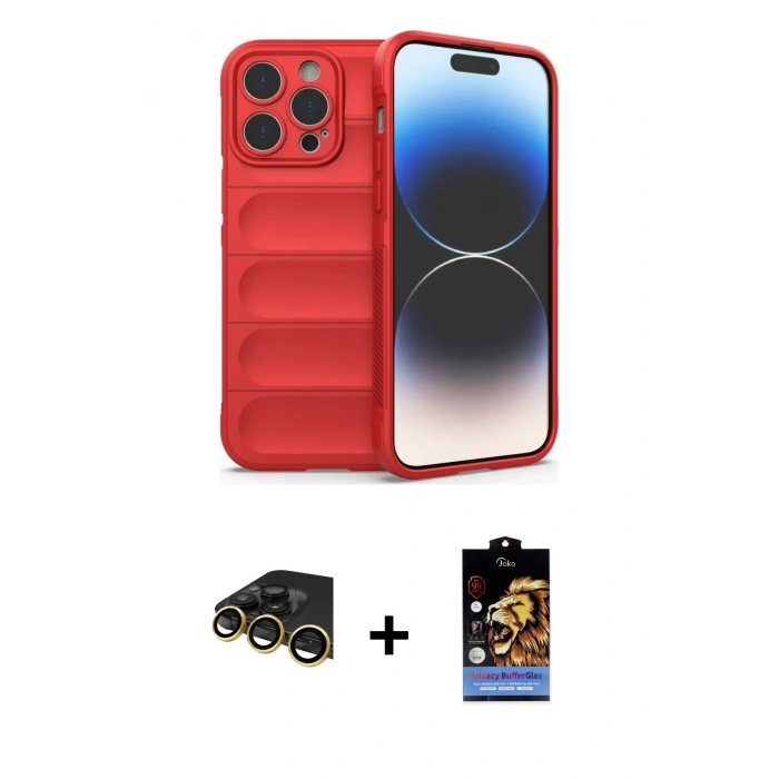 MARSİLYAN™- iPhone 14 Pro Kılıf Atlas Koleksiyonu - Siyah Buffer Hayalet Cam Ekran Koruyucu + Raze Metal Kamera Lens - GD