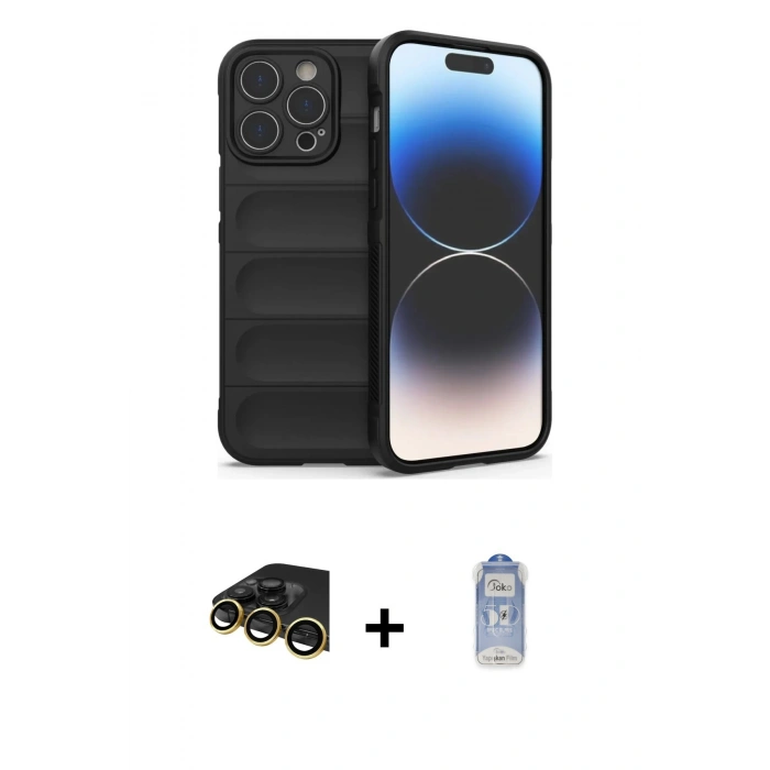 MARSİLYAN™- iPhone 14 Pro Kılıf Atlas Koleksiyonu - Siyah Joko Magic 5D Cam + Raze Metal Kamera Lens - GD