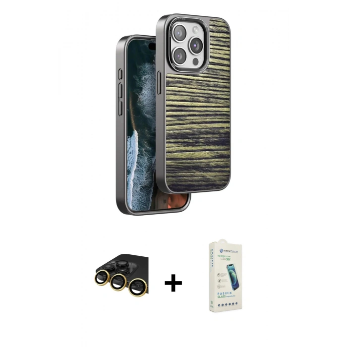 MARSİLYAN™- iPhone 14 Pro Kılıf Atlas Minimal Özel Seri - Şeffaf Pasifik Cam Ekran Koruyucu + Raze Metal Kamera Lens - GD