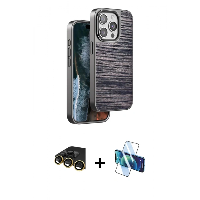 MARSİLYAN™- iPhone 14 Pro Kılıf Atlas Minimal Özel Seri - Siyah 3D Antistatik Cam Ekran Koruyucu + Raze Metal Kamera Lens - GD