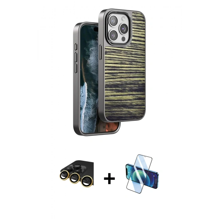 MARSİLYAN™- iPhone 14 Pro Kılıf Atlas Minimal Özel Seri - Siyah 3D Antistatik Cam Ekran Koruyucu + Raze Metal Kamera Lens - GD