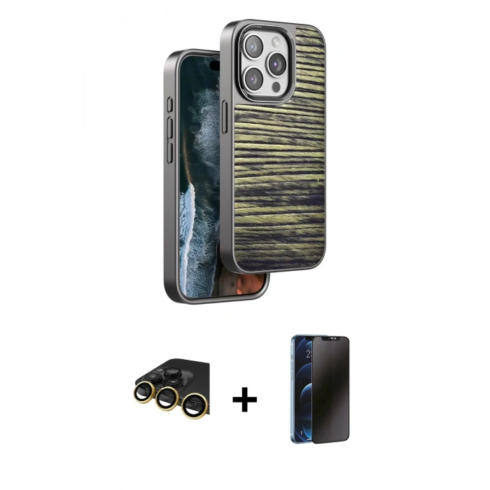 MARSİLYAN™- iPhone 14 Pro Kılıf Atlas Minimal Özel Seri - Siyah 3D Antistatik Hayalet Cam Ekran Koruyucu + Raze Metal Kamera Lens - GD