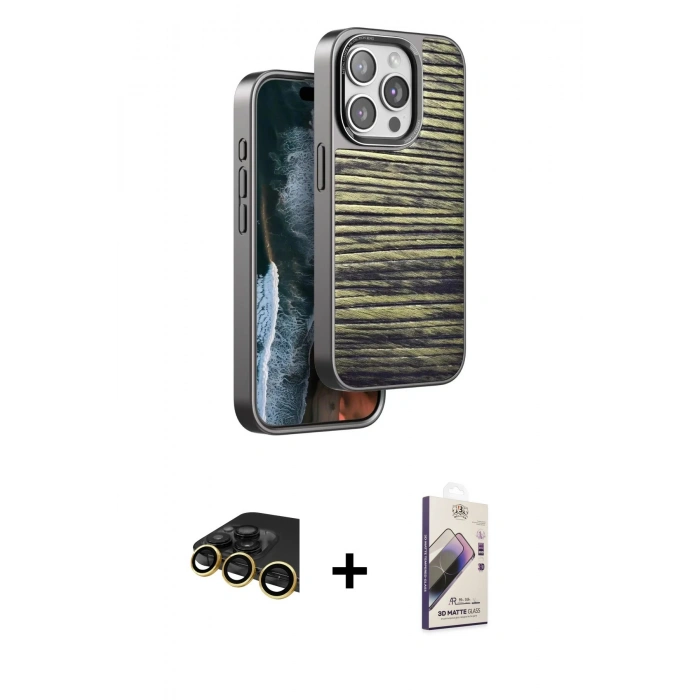 MARSİLYAN™- iPhone 14 Pro Kılıf Atlas Minimal Özel Seri - Siyah Bilvis 3D Mat Cam Ekran Koruyucu + Gold Raze Metal Kamera Lens