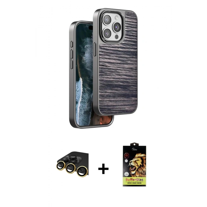 MARSİLYAN™- iPhone 14 Pro Kılıf Atlas Minimal Özel Seri - Siyah Buffer Cam Ekran Koruyucu + Raze Metal Kamera Lens - GD