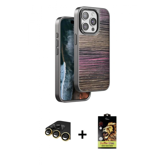 MARSİLYAN™- iPhone 14 Pro Kılıf Atlas Minimal Özel Seri - Siyah Buffer Cam Ekran Koruyucu + Raze Metal Kamera Lens - GD