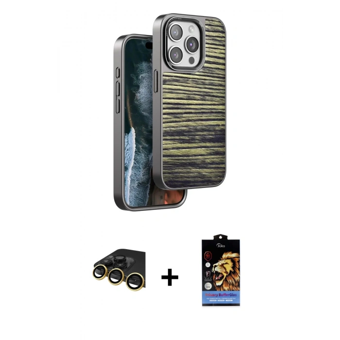 MARSİLYAN™- iPhone 14 Pro Kılıf Atlas Minimal Özel Seri - Siyah Buffer Hayalet Cam Ekran Koruyucu + Raze Metal Kamera Lens - GD