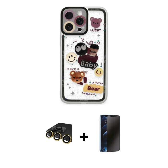 MARSİLYAN™- iPhone 14 Pro Kılıf Çekirdek Asil - Siyah 3D Antistatik Hayalet Cam Ekran Koruyucu + Raze Metal Kamera Lens - GD